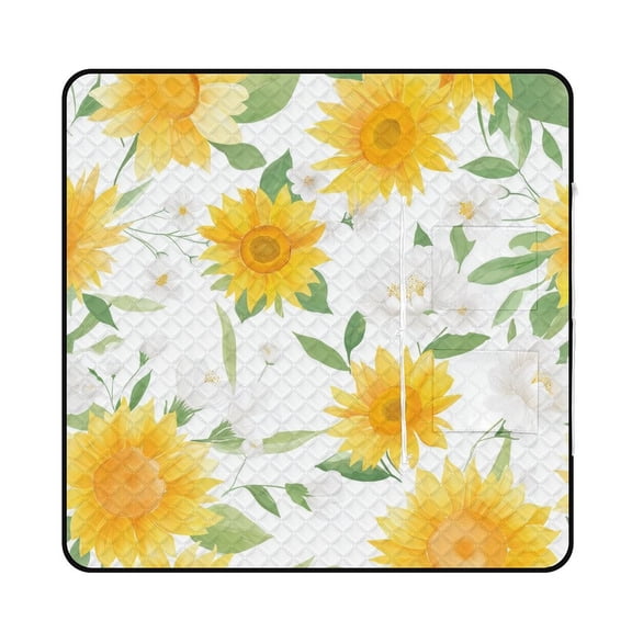 Sunflowers White Flowers Floral Pattern Outdoor Picnic Blanket, Foldable Waterproof Beach Mat, Portable Beach Blanket for Beach Camping, Hiking, Family Concerts