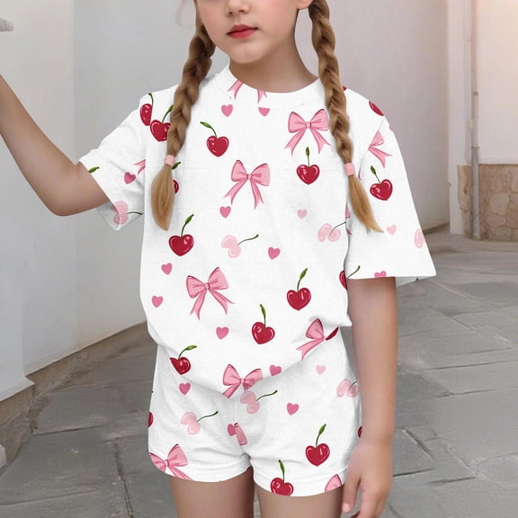 Cethrio Girls Summer Outfit Sets, 2 Piece Casual Fashion Short Sleeve Kids' Clothing Sets Multicolor Size 13-14T
