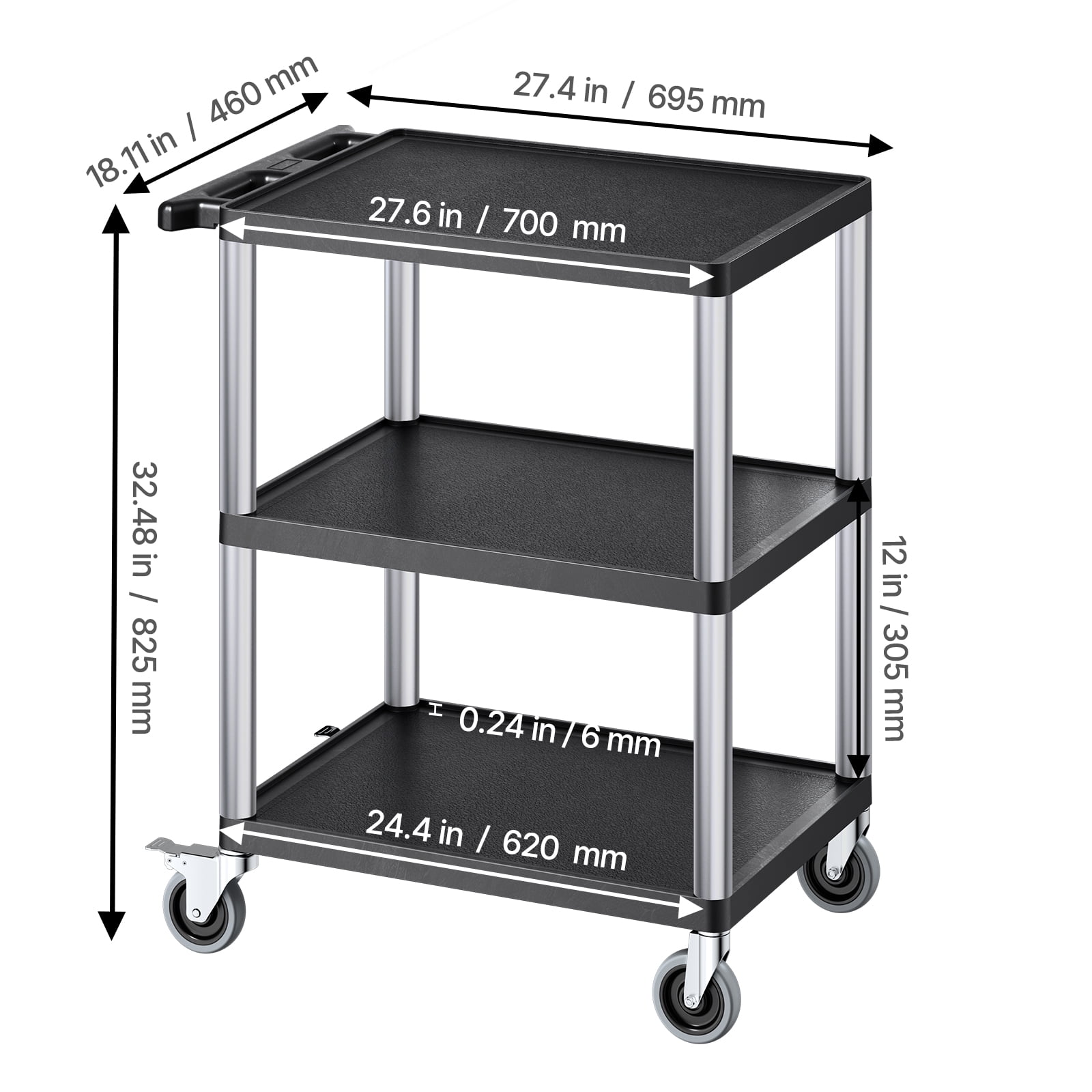VEVOR Utility Cart, 300 lbs Load Capacity, 27.6 x 18.1-inch Service Cart, Three-Shelf Heavy Duty Plastic Utility Cart with 360° Swivel Wheels (2 with Brakes), Suitable for Warehouse, Garage