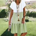 thumbnail image 2 of CHOK Robe Mini Décontractée pour Femme Grande Taille Été Ample Mode Patchwork Col en V à Rayures à Pois Manches Courtes Volant Ourlet à Étages en Lin Robe de Plage Soleil en Liquidation, 2 of 5
