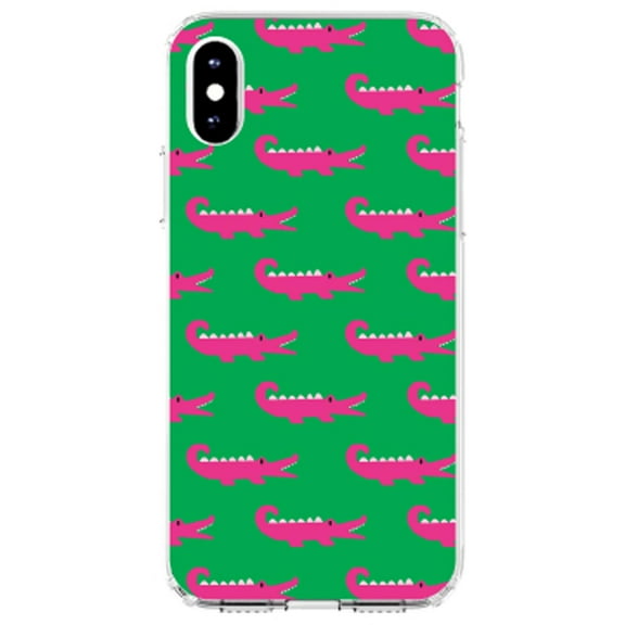 DistinctInk Clear Shockproof Hybrid Case for iPhone X / XS (5.8" Screen) - TPU Bumper, Acrylic Back, Tempered Glass Screen Protector - Green Pink Alligators - Cartoon Alligators