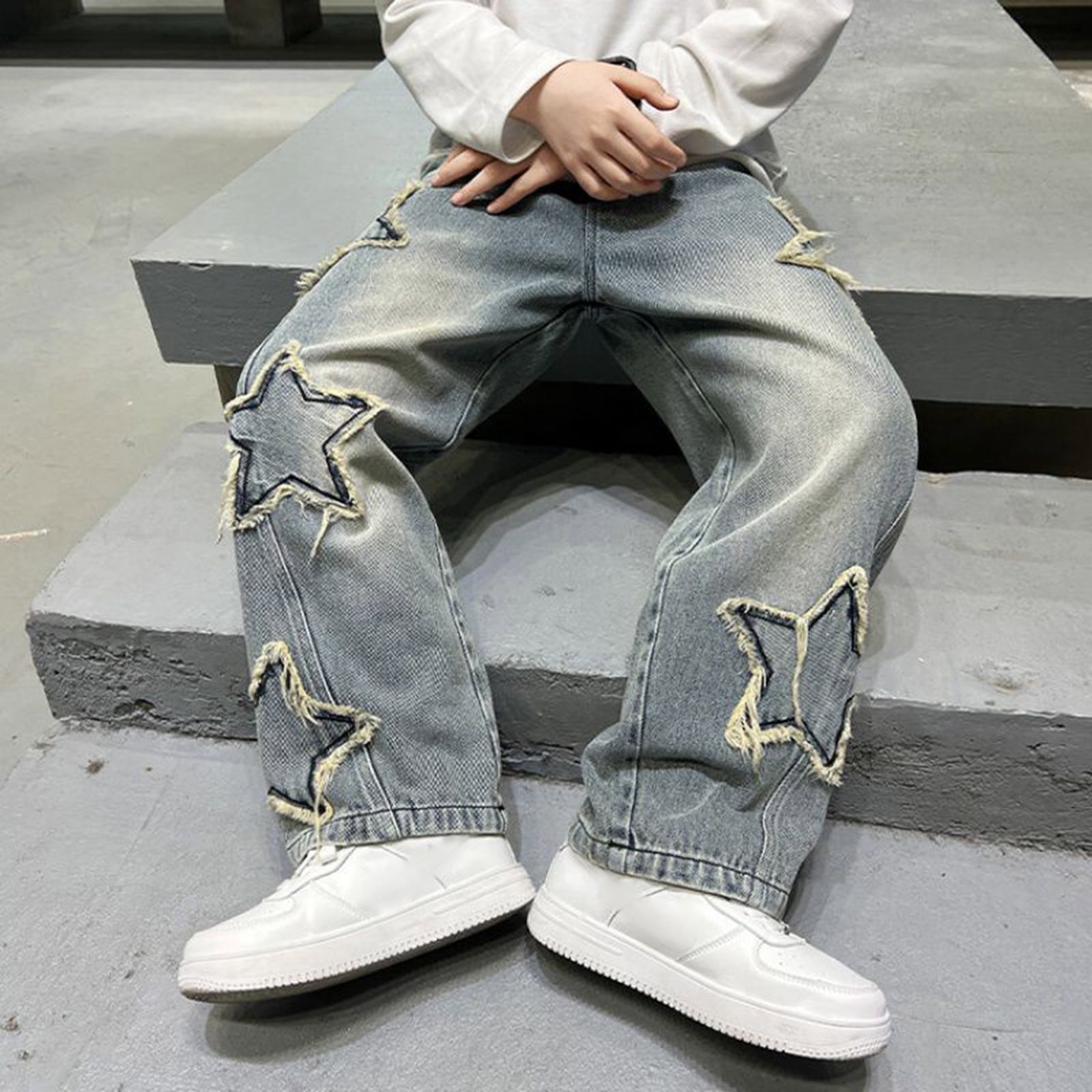 Xudanell Boy's Star Baggy Jeans Teen Boys Straight Wide Leg Denim