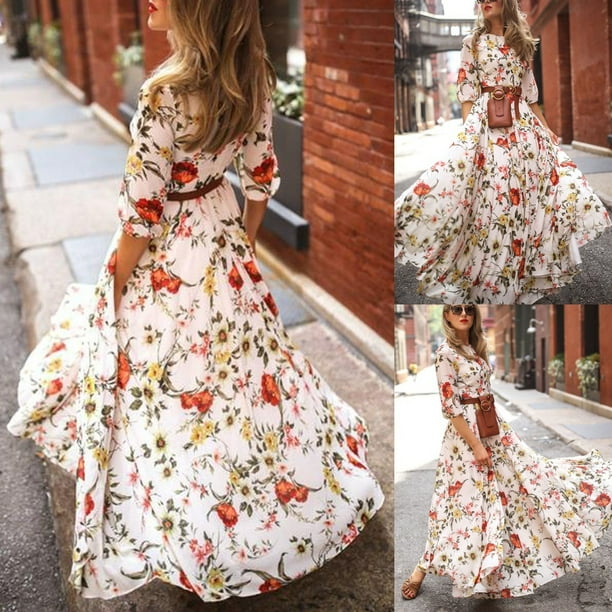 Long sleeve cheap floral boho dress