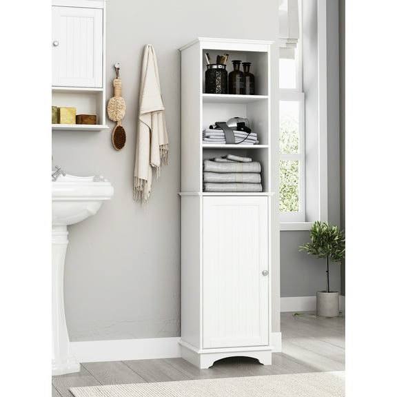 Spirich Home Freestanding Storage Cabinet with Three Tier Shelves, Tall Slim Cabinet, Free Standing Linen Tower, White Finish