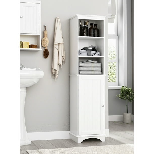Spirich Home Freestanding Storage Cabinet With Three Tier Shelves Tall Slim Free Standing Linen Tower White Finish Com - Bathroom Linen Cabinet Dimensions