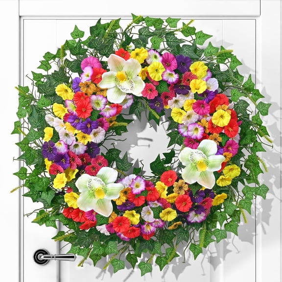 Yastouay Spring Wreaths for Front Door, 24"Colorful Wildflower Wreath with Morning Glory for Wall Porch Home Decor
