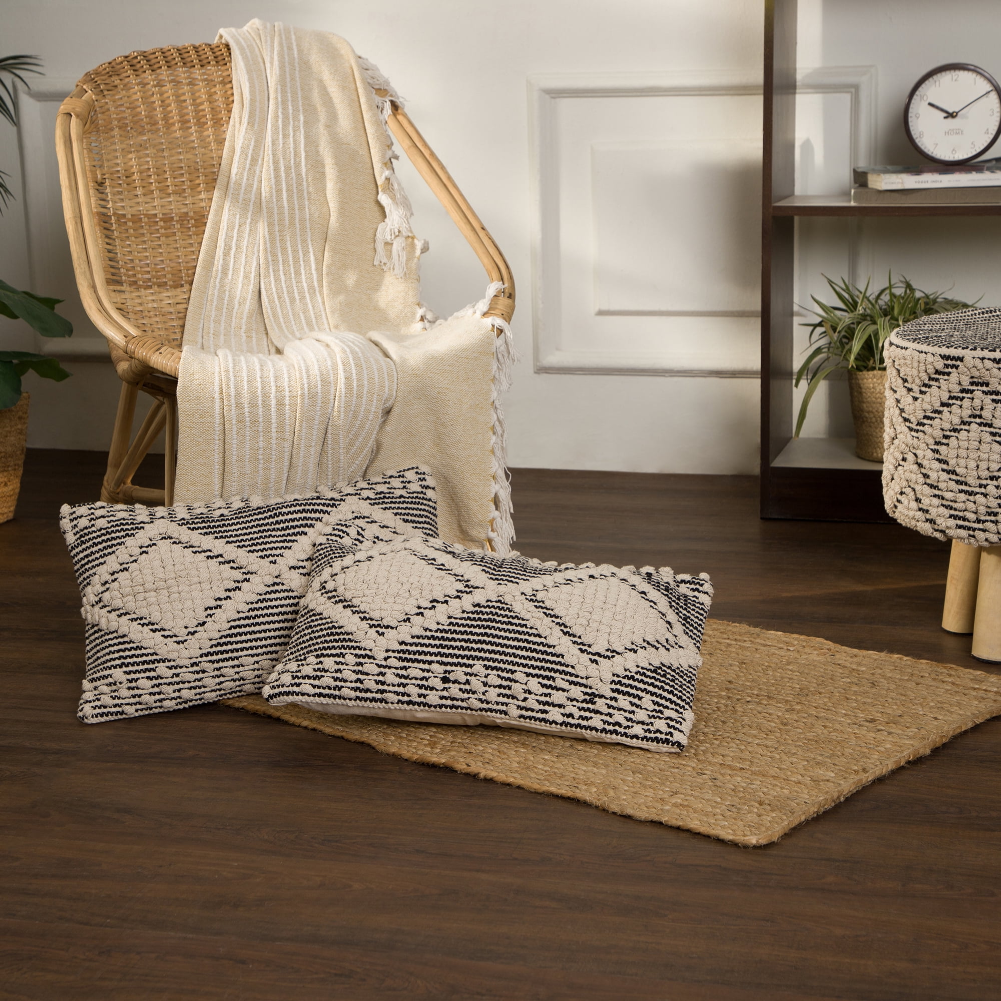 · REDEARTH · Boho Textured Throw Pillow Cushion Covers- Lumbar Woven Tufted Decorative Farmhouse Cases Set for Couch, Sofa, Bed, Chair, Dining, Patio, Outdoor; 100% Cotton (12"x20", Gray) Pack of 2