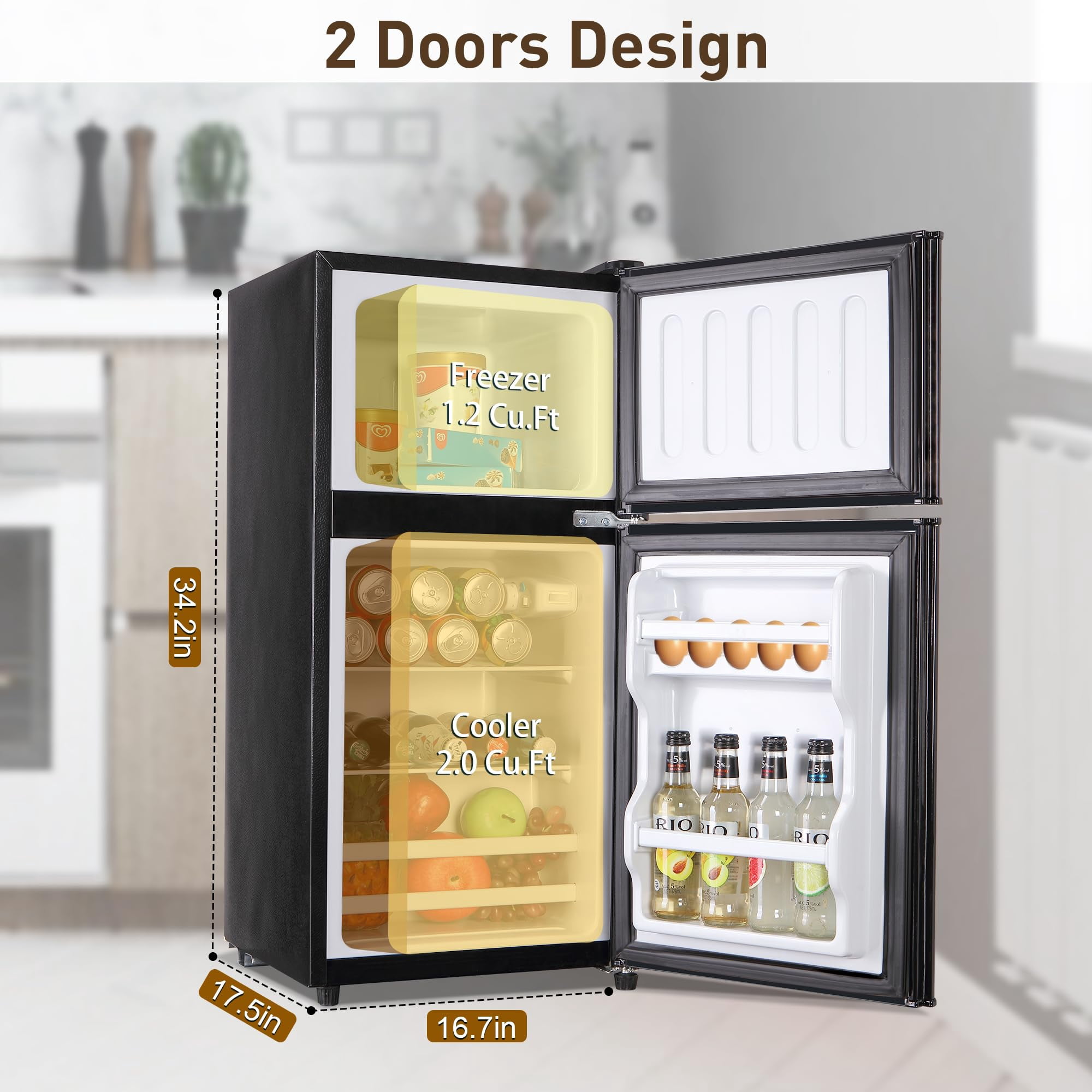 3.2 Cu.Ft Mini Fridge with Freezer, Adjustable Thermostat Removable Glass Shelves, Quiet Energy Saving Apartment Size for Dorm Office Kitchen, Black