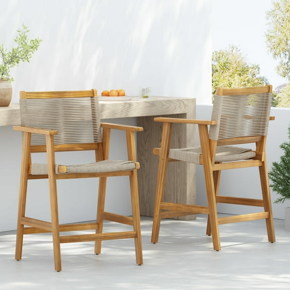 Christopher Knight Home 25” Wood Outdoor Counter Stool with Beige Rope Seat, Teak Finish, Set of 2