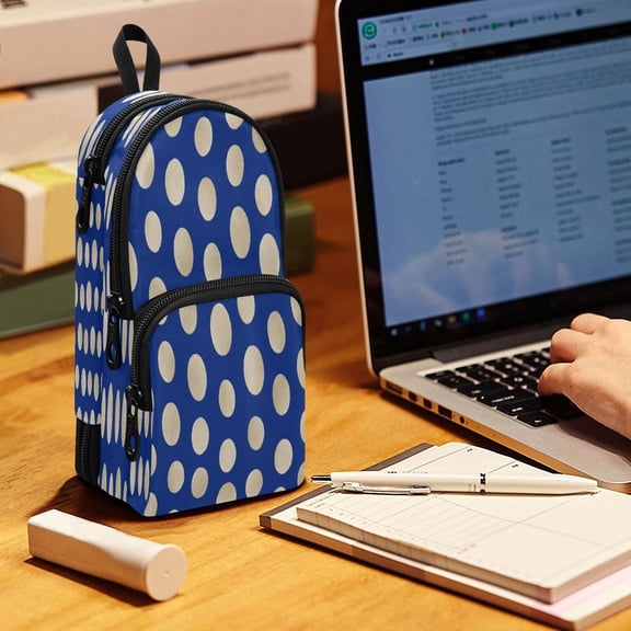 Backpack Pencil Case, 3 Compartment Large Capacity Oxford Fabric Pencil Pouch / Navy Blue Gold Polka Dot