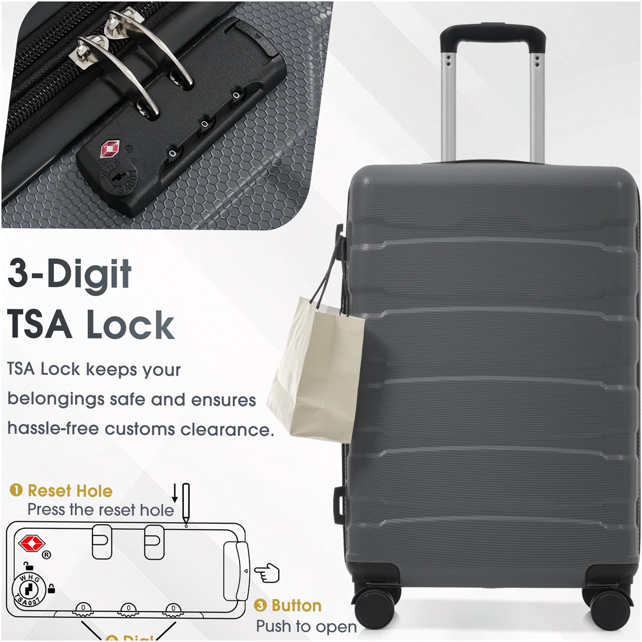 JERFIT 24 Inch Hardshell Checked Luggage with Spinner Wheels, TSA Lock, Expandable ABS Suitcase for Travel, Lightweight & Durable, Gray