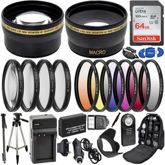 Professional 58MM Accessory Kit for Canon EOS Rebel T7i, T6i, T6s, SL2, SL3, 77D, 750D, 760D, 800D, 200D, 8000D, KISS X8i, and More; Includes: LP-E17 Battery, Filter Kits, Backpack & More