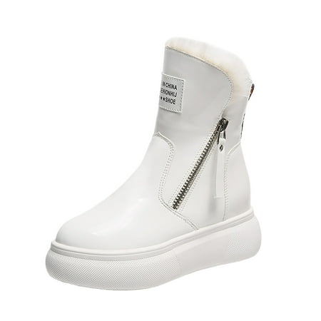 Durtebeua Women S Winter Boots Vintage Leather Boots Flat Waterproof Fall Winter Round Toe Ankle Boots Shoes Cowboy Boots for Women White 8