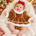 thumbnail image 6 of Baby Girls Christmas Gingerbread Romper Dress with Bow Headband, Long Sleeve Faux Fur Trim Holiday Outfit, 0-18M, 6 of 8