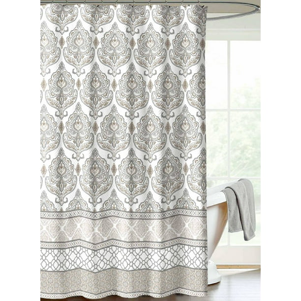 Fl Damask With Geometric Border, Taupe Shower Curtain