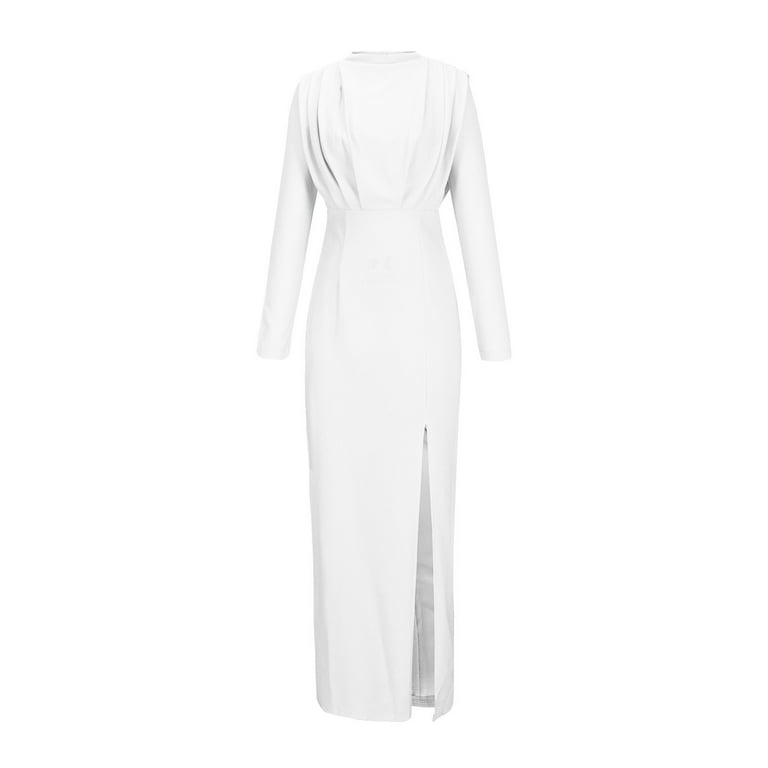 Absuyy Maxi Dresses for Women Long Sleeve Slim Split Hem High Collar Casual Long Dress White Size M