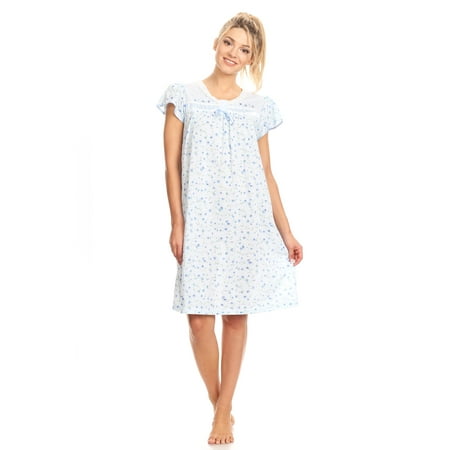 0035 Women Pajamas Night Gown Sleepwear Night Shirt Blue M