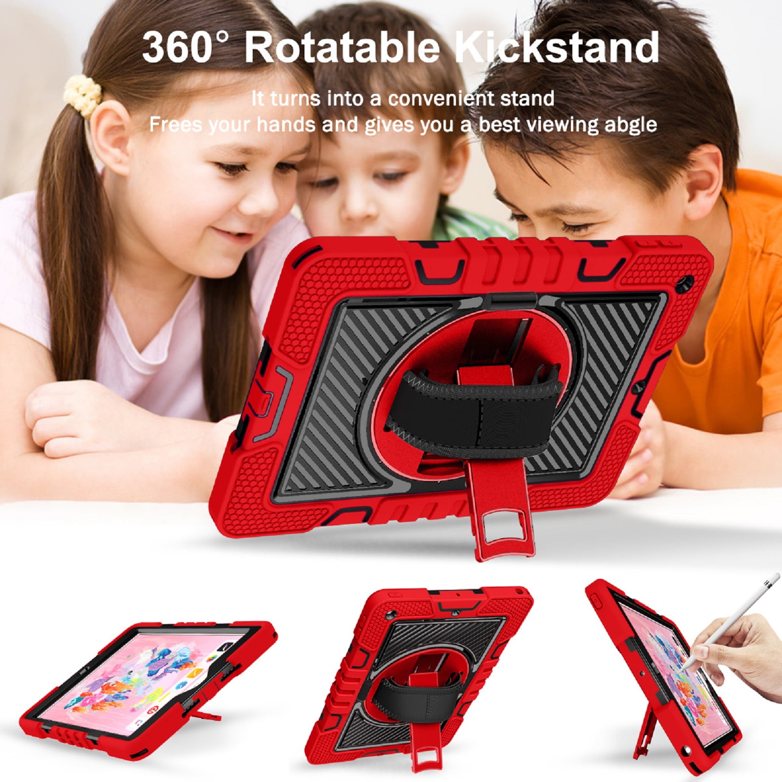ELEHOLD Rugged Case For Apple iPad 11th(A16) 2025 Three-Layer Hybrid Muti-Functional Case with 360° Rotating Kickstand Pencil Holder Handstrap Shoulder Strap Shockproof Case ,B