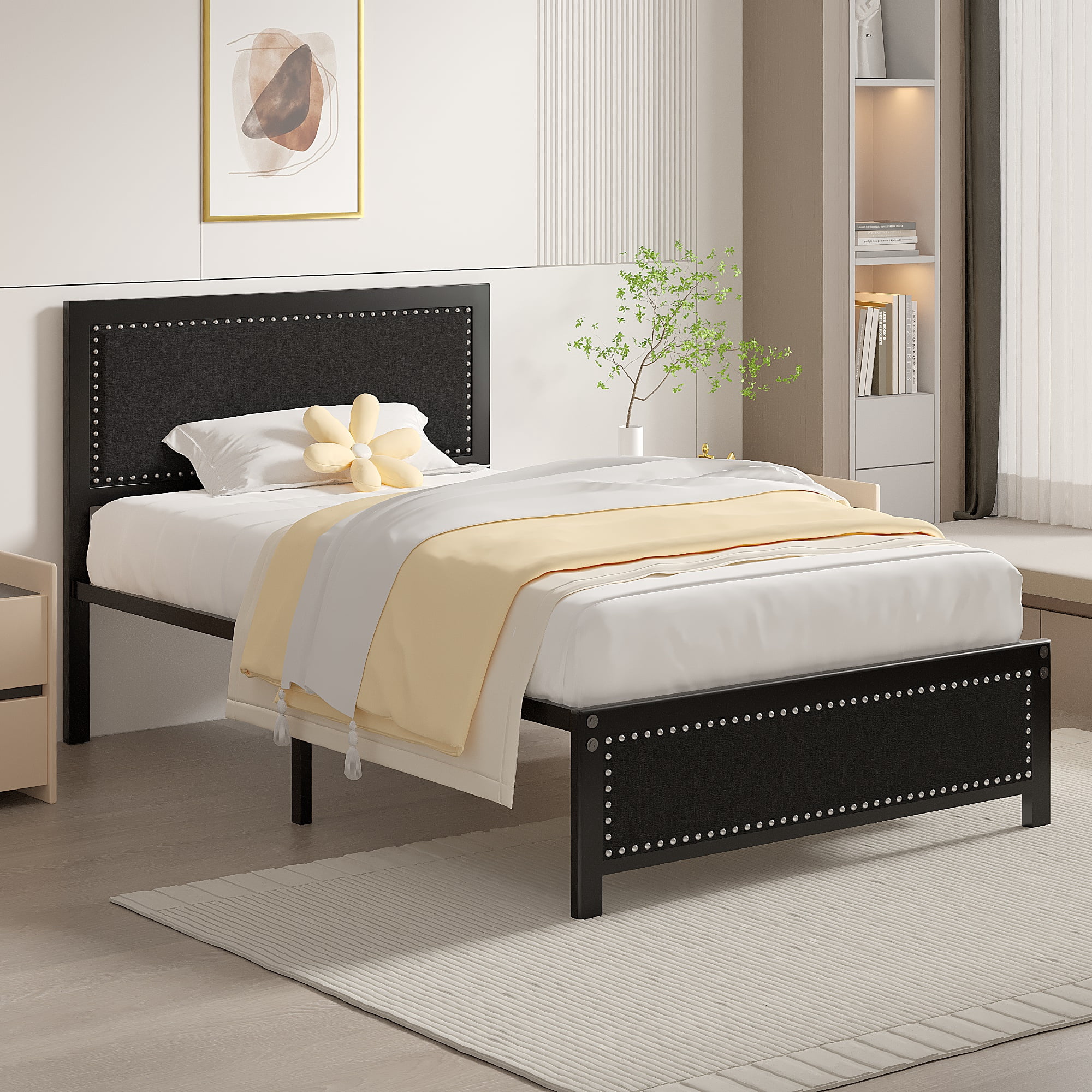 VECELO Twin Size Bed Frame Metal Platform Bed with Upholstered Headboard, No Box Spring Needed, Black