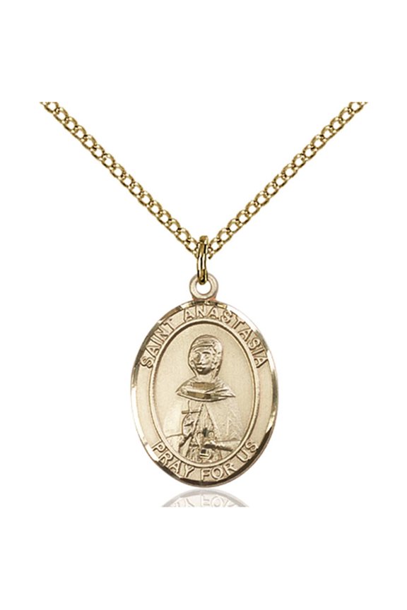 Gold Filled St. Anastasia Pendant 3/4 x 1/2 inches with Gold Filled Lite Curb Chain
