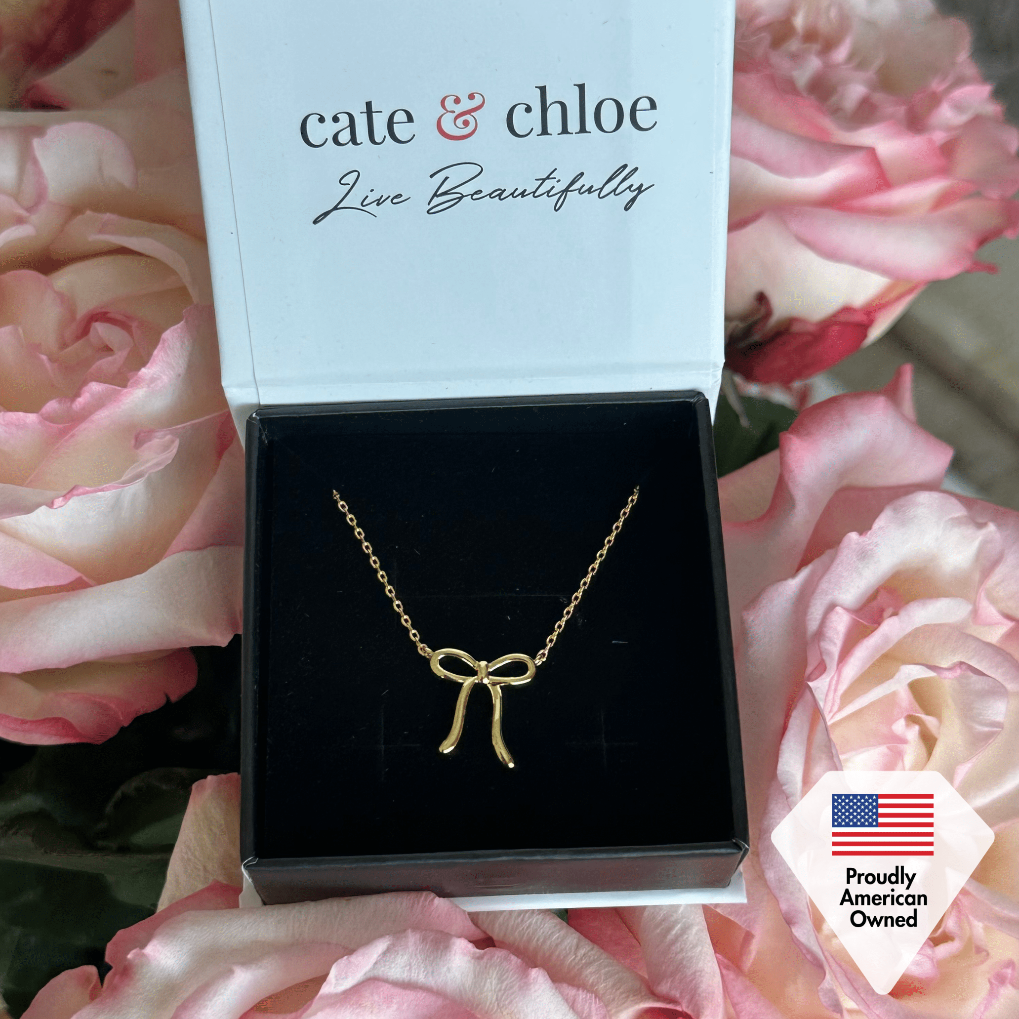 Cate & Chloe Lola 18k Yellow Gold Plated Ribbon Bow Drop Necklace, Gift for Women