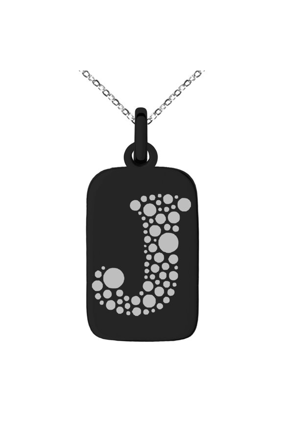 Stainless Steel Letter J Initial Dotted Monogram Engraved Small Rectangle Dog Tag Charm Pendant Necklace