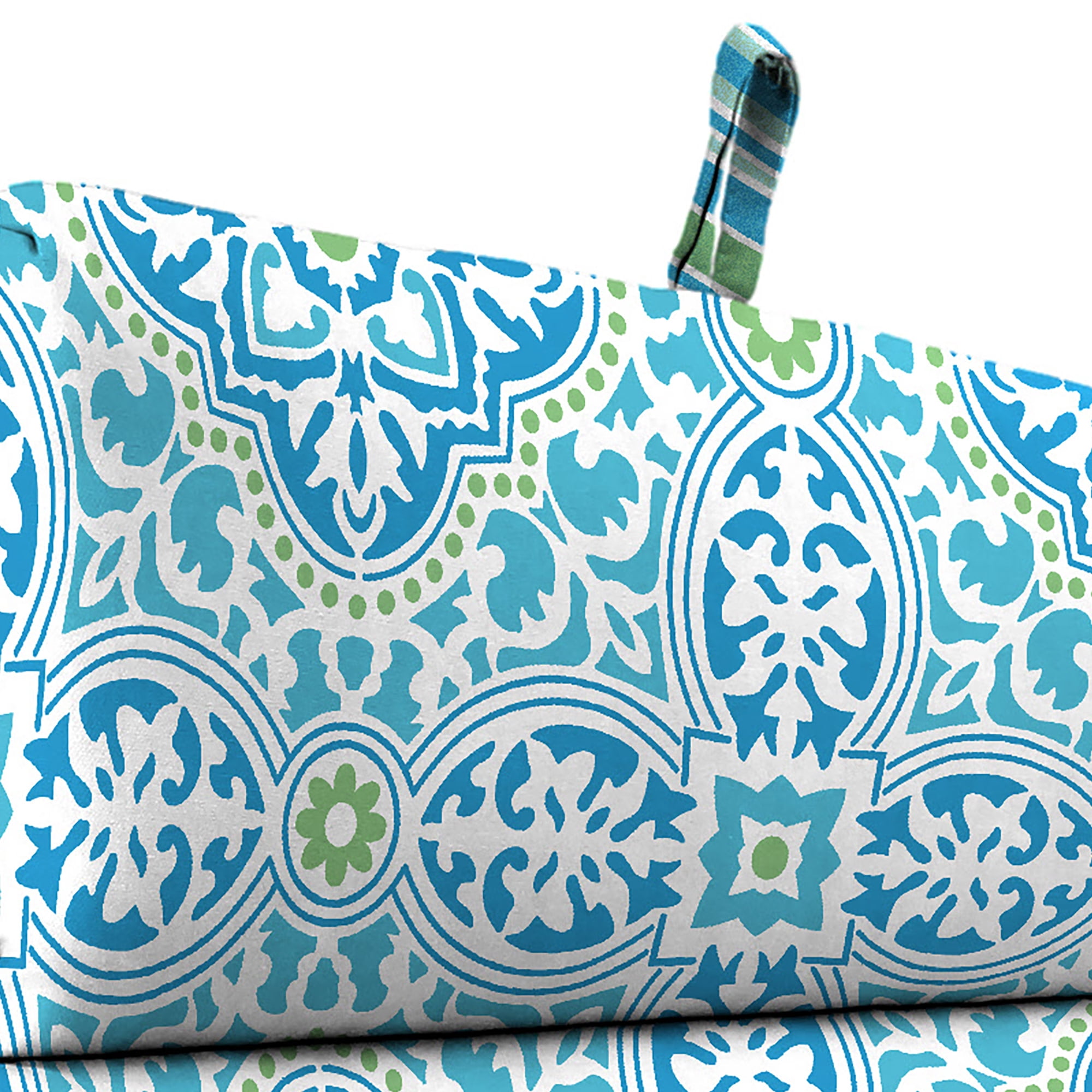 Jordan Manufacturing 44" x 22" Rave Turquoise Quatrefoil and Ferb Turquoise and Green Stripe Reversible Rectangular Outdoor Chair Cushion with Ties and Hanger Loop
