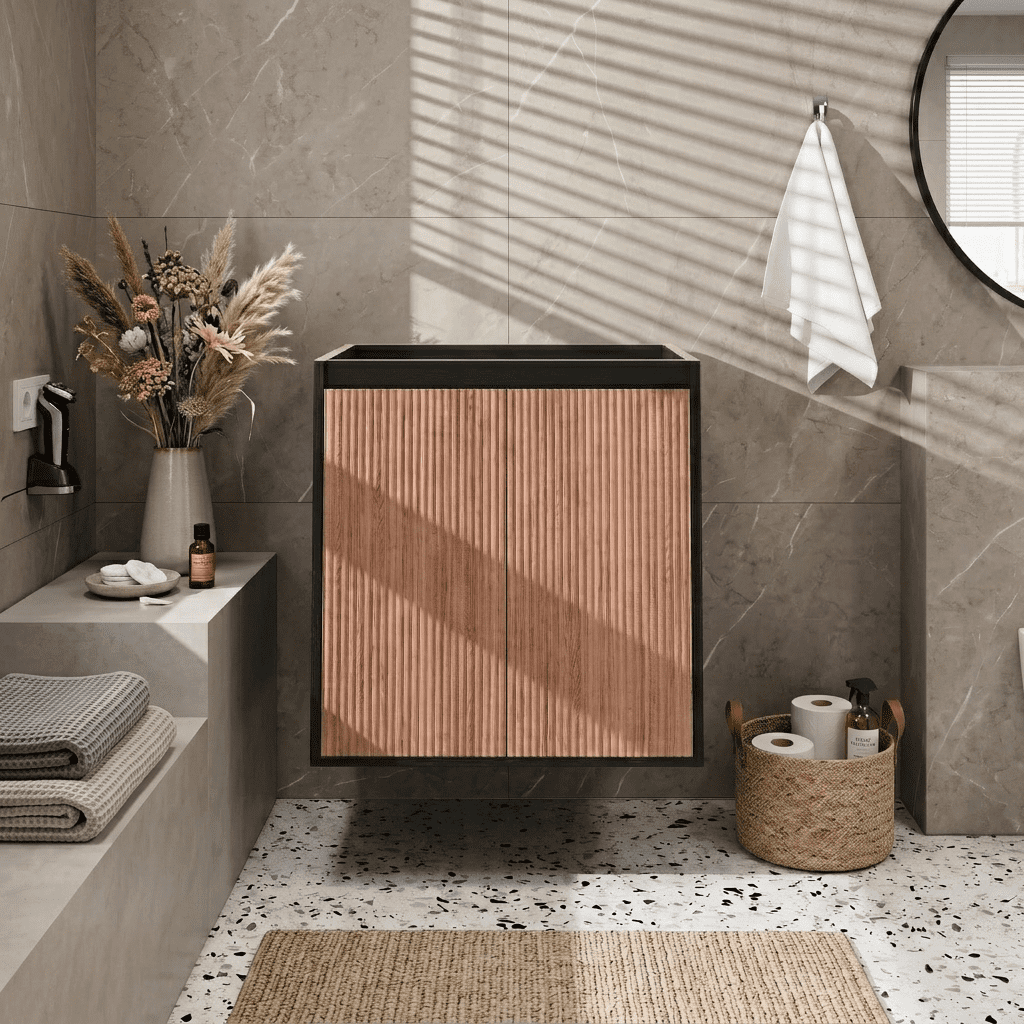 24 Inch Modern Bathroom Vanity Base Cabinet Only, Freestanding or Wall-Mounted with Soft Close Double Doors & Adjustable Shelf, Aluminum Legs (23.4" W x 17.9" D, Walnut & Black, No Sink)