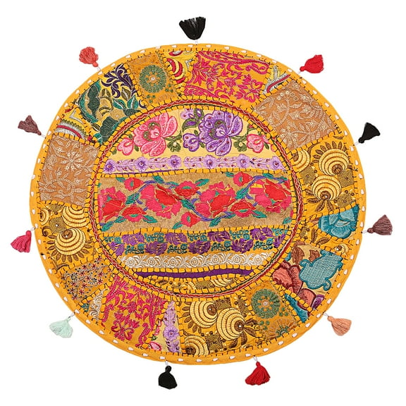 Stylo Culture Ethnic Round Floor Pillow Vintage Patchwork Cushion Cover Mango Yellow 22" Big Floor Pillowcase Decorative Decor Seating Tuffet Seat Pouf Cover Footstool Cotton Embroidered 1 Pc