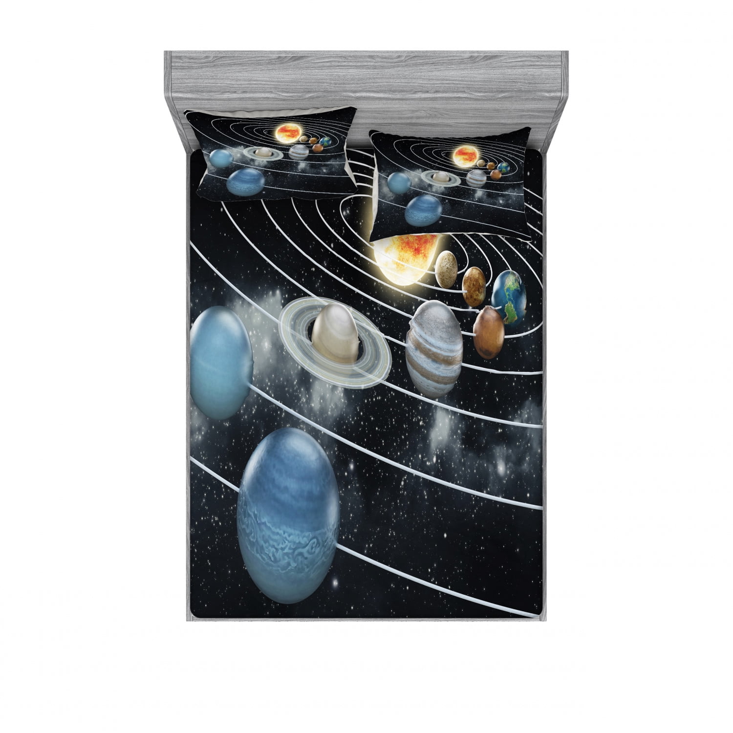 Galaxy Bedding Set With Sheet Covers Solar System All 8 Planets And The Sun Pluto Jupiter Mars Venus Science Fiction Printed Bedroom Decor 2 Shams 4 Sizes Black Grey By Ambesonne