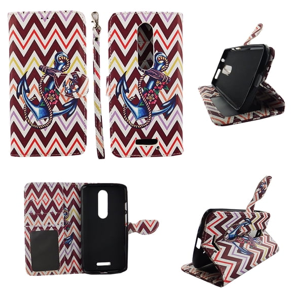 Brown Chevron Anchor Wallet Folio Case for Motorola DROID Turbo 2 Fashion Flip PU Leather Cover Card Cash Slots & Stand