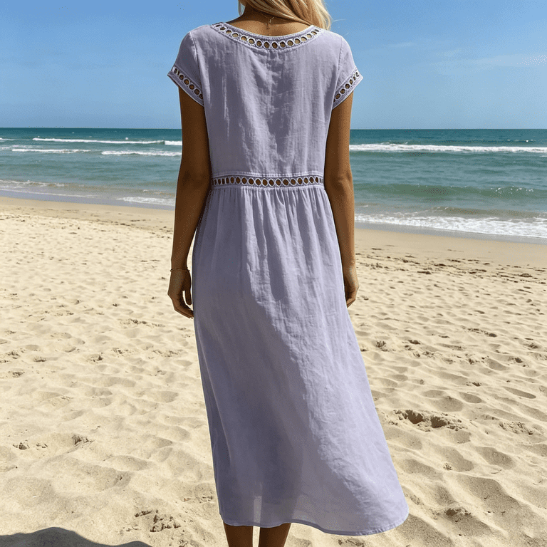 Cmfcve Women's Summer Dresses Casual Cotton Gauze Dresses Short Sleeve Loose Fit Eyelet Dress