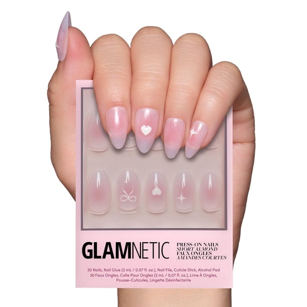 Short Press On Nails Glamnetic Lovers Knot en color almendra con detalles de lazo