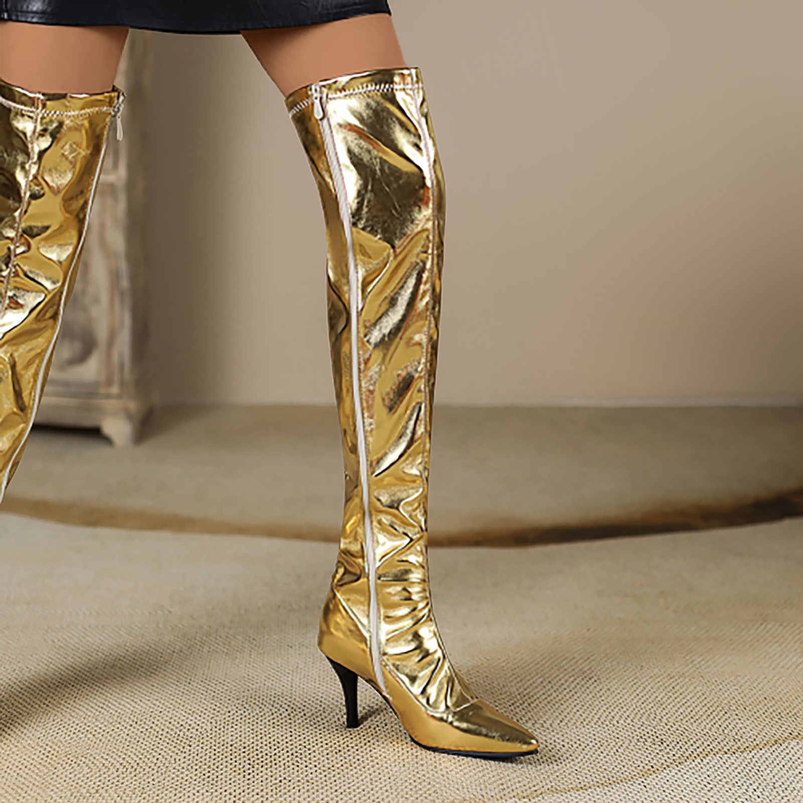 B91xZ Tall Boots for Women Womens Zipper Round Toe Block Heel Lace Up Heeled Boots Gold 9
