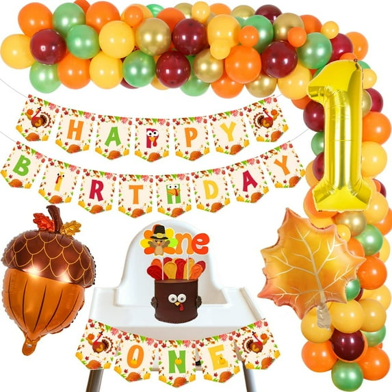 Thanksgiving 1st Birthday Decorations, Fall Balloon Garland Arch Kit with Happy Birthday Banner One High Chair Banner Cake Topper, Autumn Themed One Year Old First Birthday Party Supplies