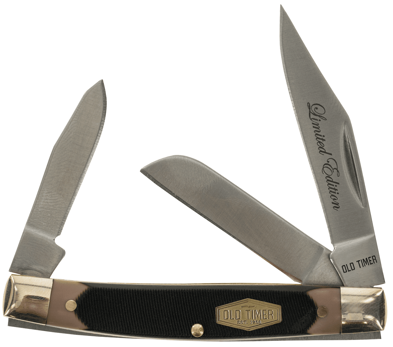 Old Timer Limited Edition 3pc Gift Tin, Sharpfinger, 3-Blade Middleman & 2-Blade Small Canoe Knife Set with Classic Old Timer Sawcut Handles, Sharpfinger Sheath and Collectible Gift Tin.