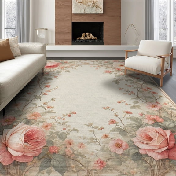 ODIKA 8'x10' Washable Area Rug Playroom Vintage Cottagecore Border Coquette Aesthetic Pink Dorm for King Size Bedroom Under Bed, Master Suite, Non-Shedding, Easy Care