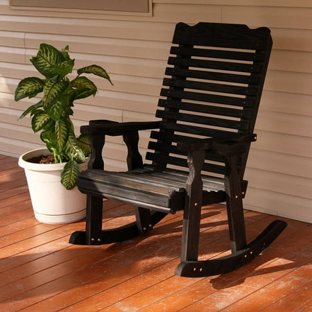 Amish Heavy Duty 600 Lb Classic Pressure Treated Rocking Chair With Cupholders (Semi-Solid Black Stain)
