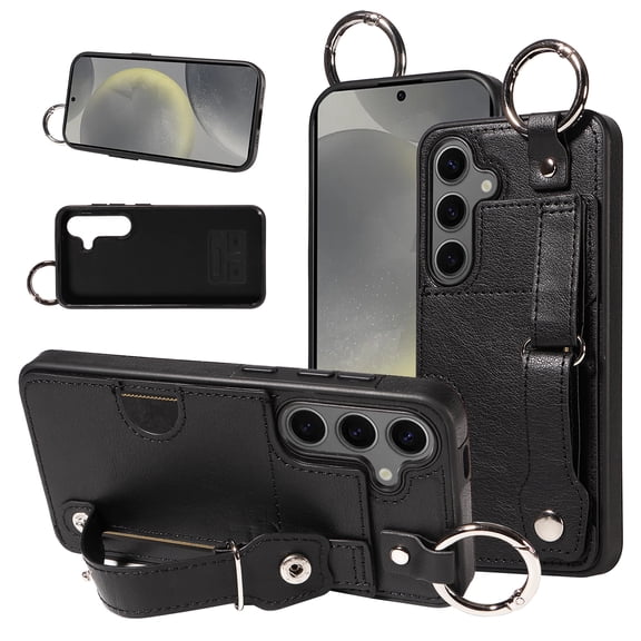 SaniMore Case for Samsung Galaxy S23 FE, PU Leather Durable [Back Card Slots] Wristlet Kickstand Buckle Protective Bumper Cover Shockproof Anti-fall/Anti-scratch for Ladies, Black