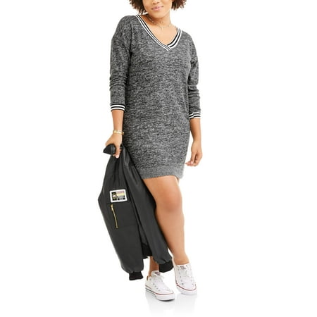 Poof Juniors' Plus Long Sleeve Varsity Sweatshirt Dress