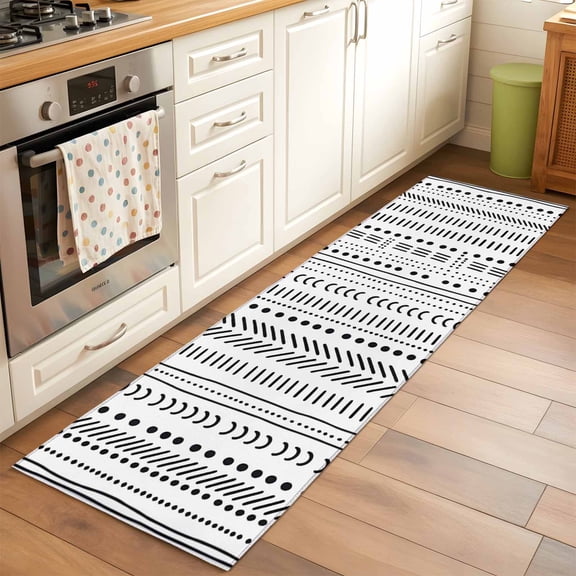 Runner Rug 2 x 6 Ft, White Boho Washable Non-Slip Floor Mat for Kitchen Hallway/Entryway, Country Abstract Black Geometric Striped Long Kitchen Runner Area Rugs for Living Room, Low-Profile