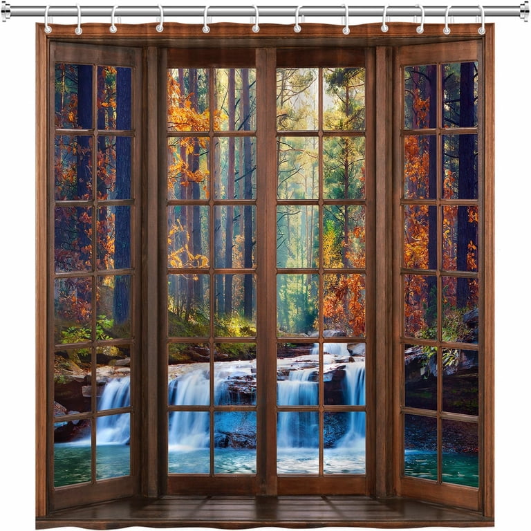 Forest Waterfall Shower Curtain - Nature Scenery, 70x70 Inch With Hooks