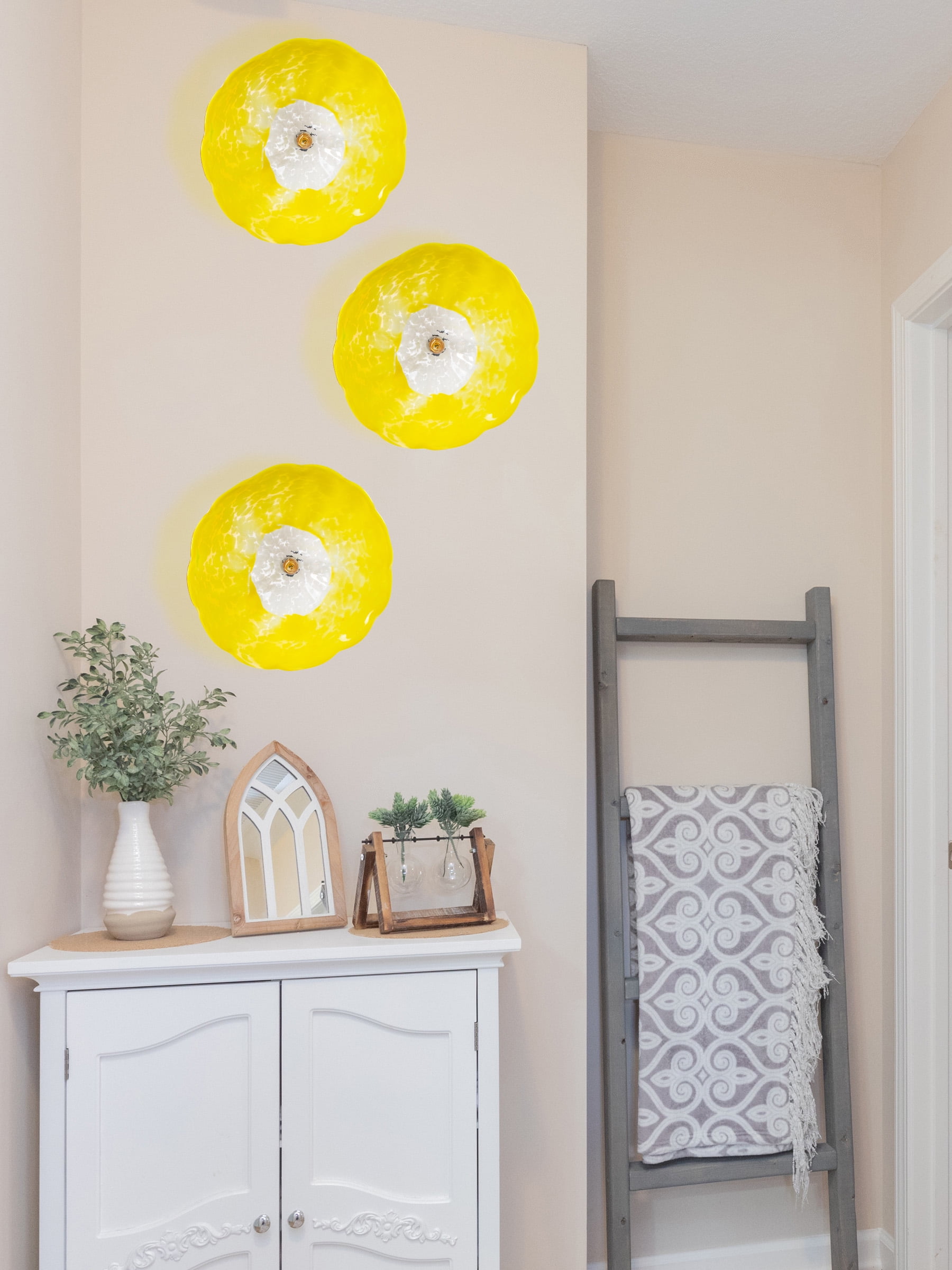Fiore Hand Blown Art Glass Wall Décor with Floral Finial Centerpiece, Yellow, 14" Diameter