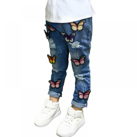 

Kids Little Big Girls Denim Printed Butterfly Jeans Embroidered Pants