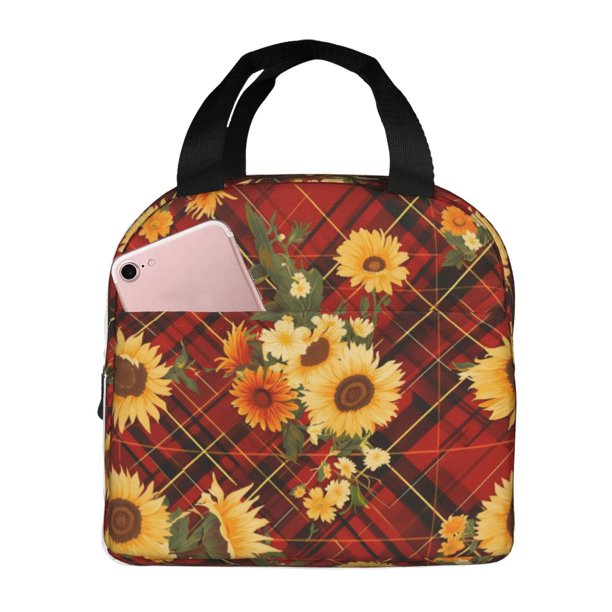 Easygdp Red Plaid Sunflower Bolsa Térmica Premium - Tela Oxford Impermeable, Gran Capacidad, Bolsillo Frontal, Unisex para Trabajo, Escuela, Actividades al Aire Libre y Picnics