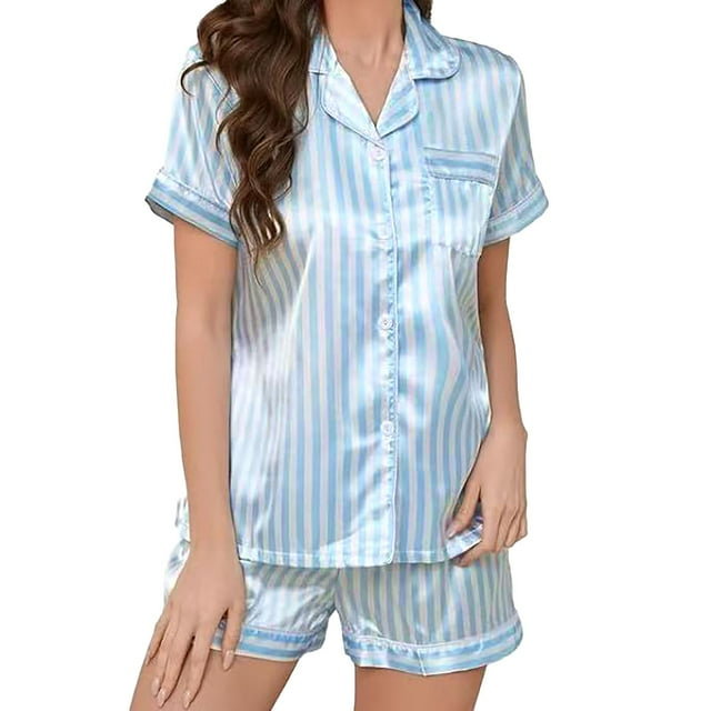 Icvfdpl Women Pajamas Satin Button Up Silk With Notch Collar 2 Piece Set Loungewear L