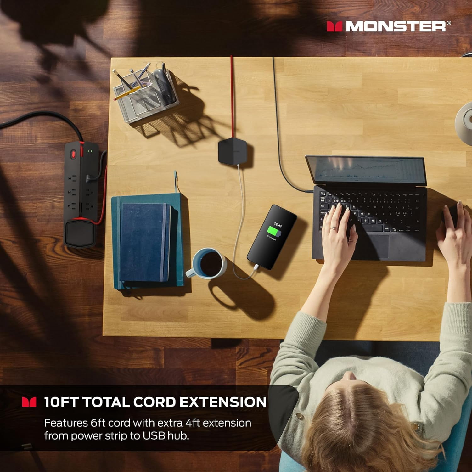Monster Surge Protector Power Center Vertex, 6 AC Grounded Outlets, 2 USB-A & 1 USB-C Ports, Black