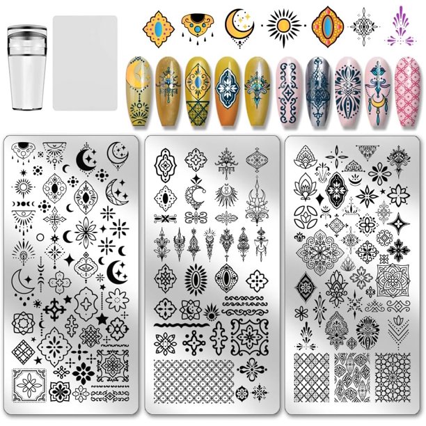 Juego de 3 placas de estampado de uñas con diseño de tótems vintage, estilos étnicos, plantillas para manicura, diseño de luna y estrella.