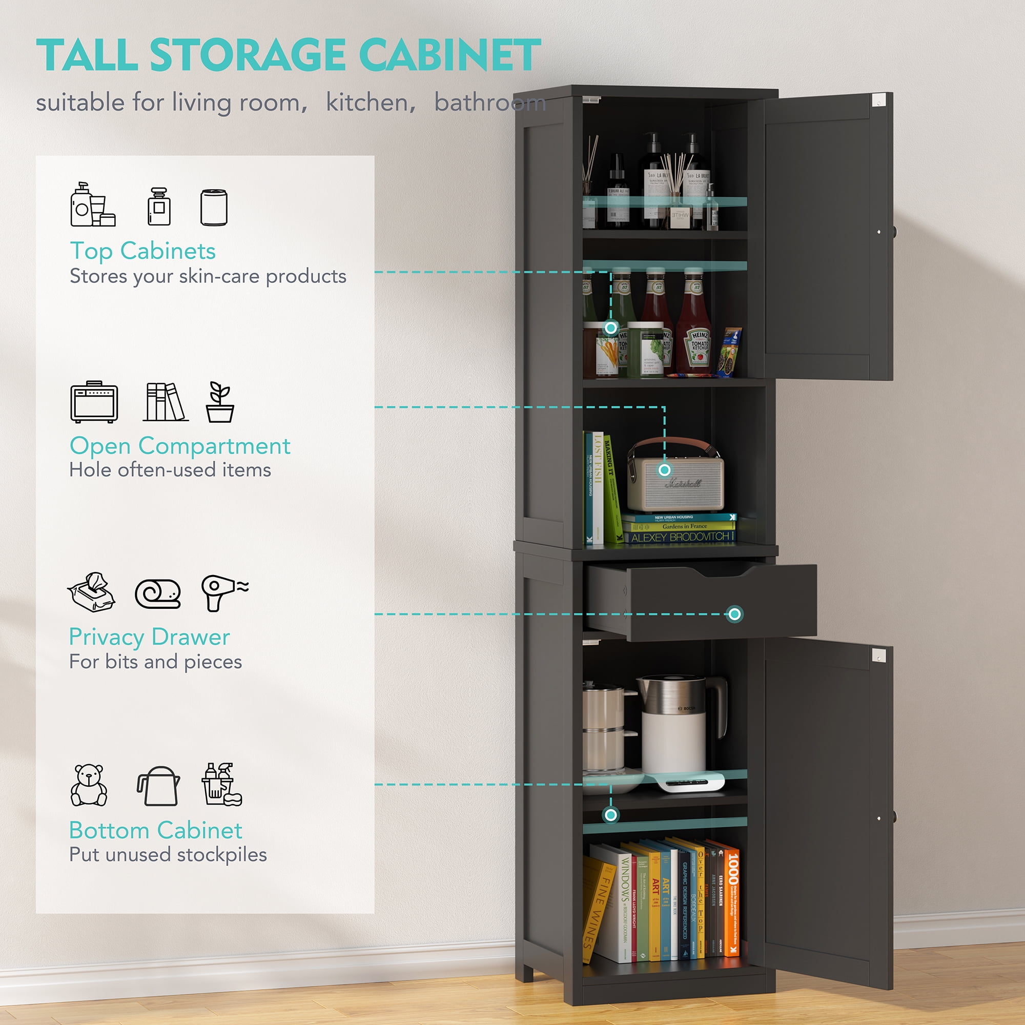 2PCS Bathroom Storage Cabinets 64" Tall Narrow Wooden Cabinets Set of 2 with Doors Shelves Drawer Black