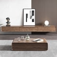thumbnail image 2 of POVISON 79" Minimalist Floating TV Stand for 65" TV, Fully Assembled Wall Mounted Entertainment Center with 3 Flip-Down Cabinet Doors, Modern Living Room Media Console – Walnut, 2 of 12